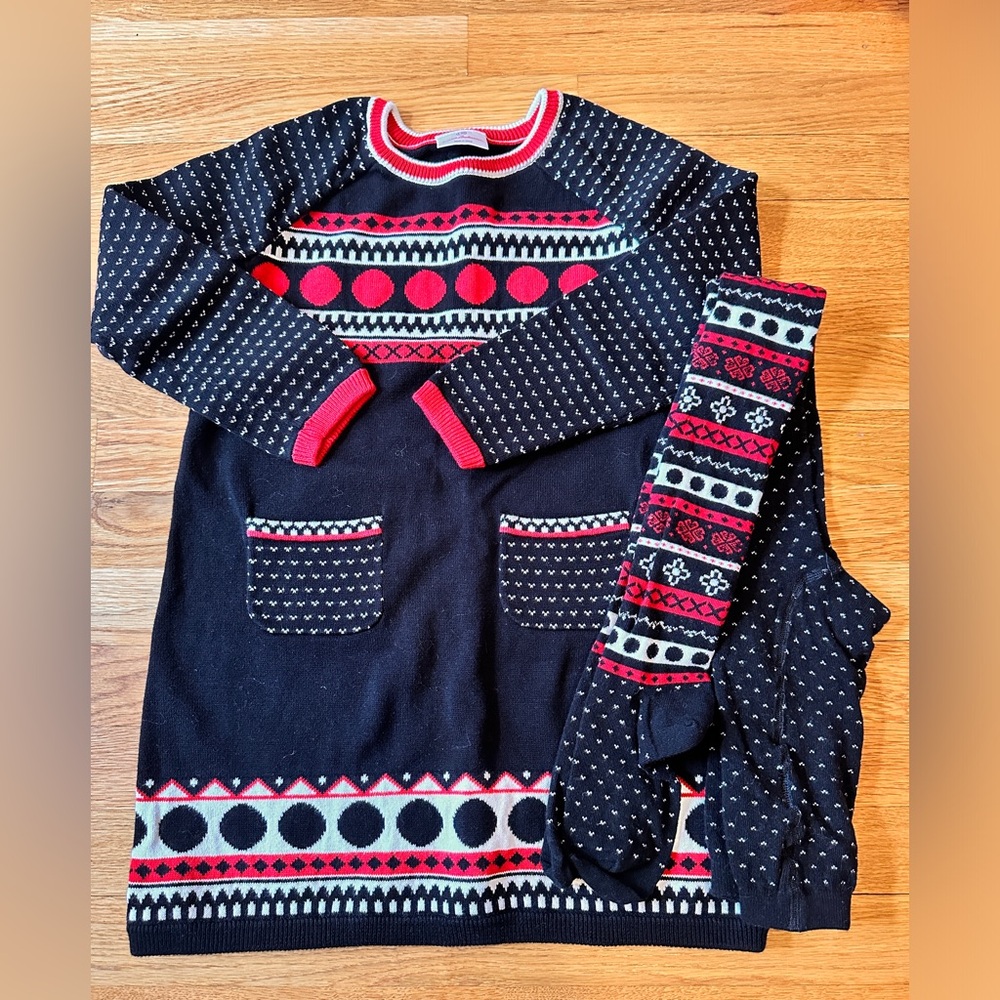 Festive Black and Red Knit Dress with Tights